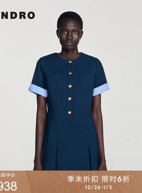季末6折SANDRO2025秋冬新款女装法式深蓝色拼接格纹袖压褶连衣裙