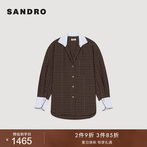 落肩袖棉质细格纹衬衫