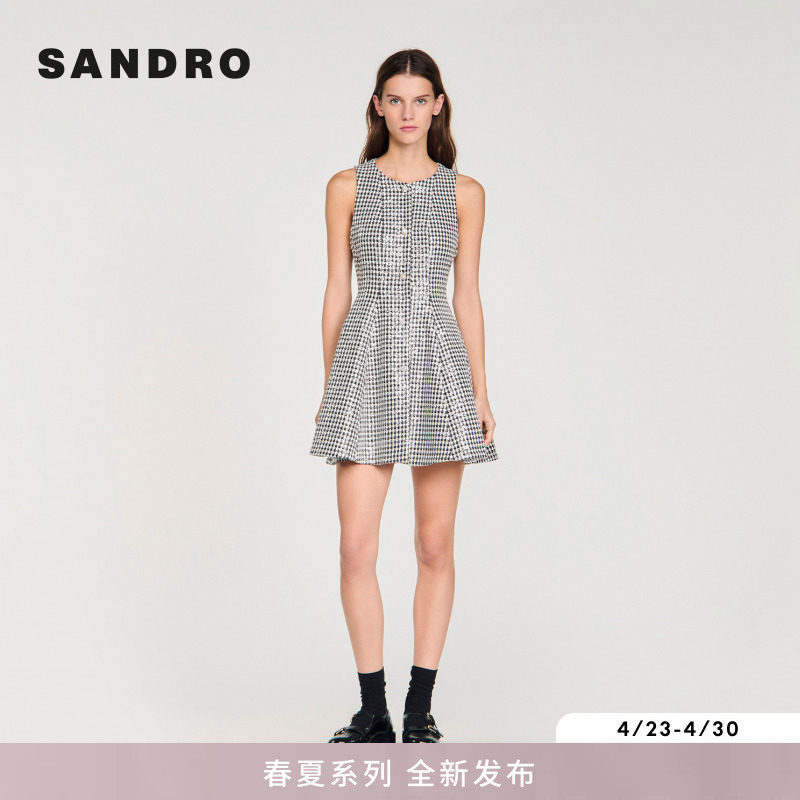 SANDRO2026夏季新款女装法式时尚黑白千鸟格纹粗花呢短款连衣裙