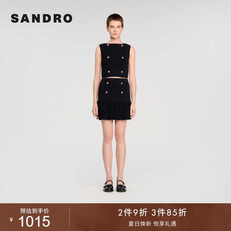 SANDRO女装法式时尚休闲气质金色扣饰黑色圆领无袖套头修身针织衫