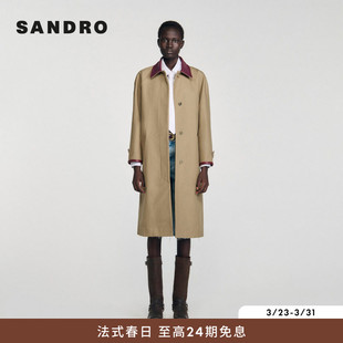 迪木尔风棉质撞色皮革领风衣外套 法式 SANDRO博主同款 2025秋冬女装