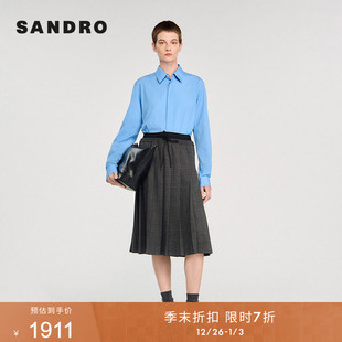 法式 女装 仿钻格纹高腰系带百褶半裙 末7折SANDRO2025秋冬新款 季