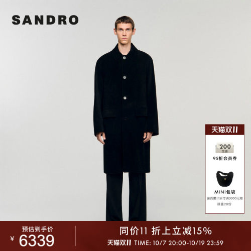 SANDRO牛皮革黑色单排扣大衣