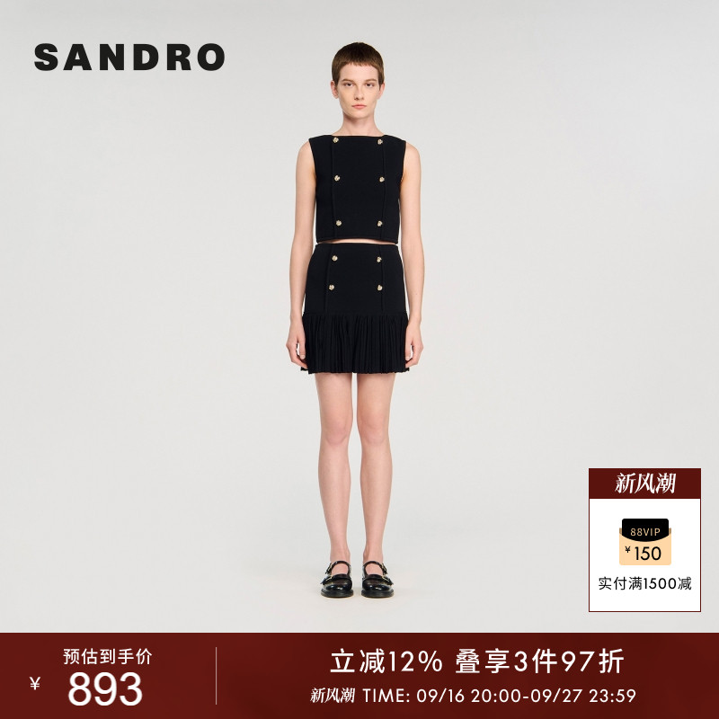 SANDRO女装法式时尚休闲气质金色扣饰黑色圆领无袖套头修身针织衫