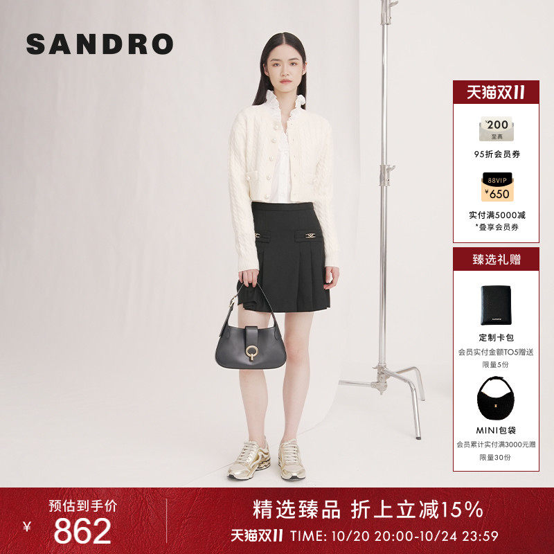 线上专享SANDRO女装法式小香黑色绵羊毛金属扣高腰百褶短款半身