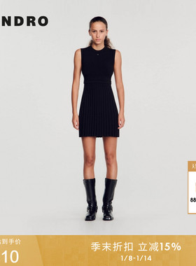 SANDRO春夏女装法式经典黑色假两件百褶无袖圆领针织连衣裙小黑裙