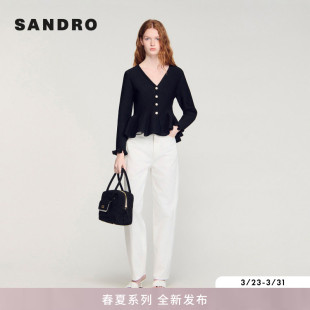 法式 女装 时尚 荷叶下摆褶皱木耳边袖 SANDRO2026春季 口针织开衫 新款