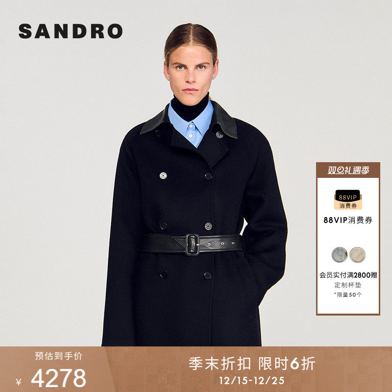 SANDRO黑色绵羊毛大衣外套