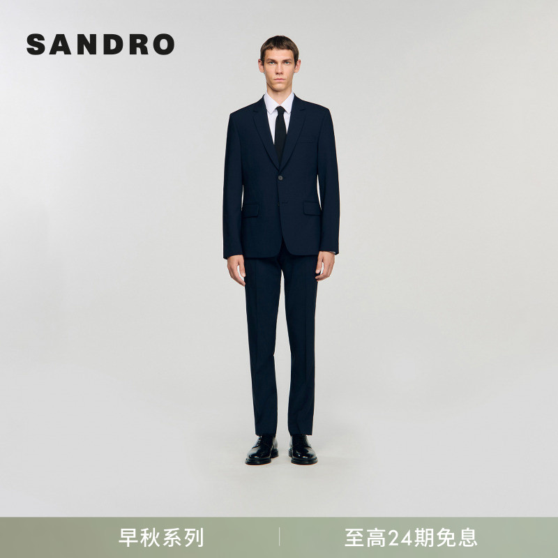 SANDRO男装法式时尚休闲简约商务绵羊毛深蓝色单排扣短款西装外套