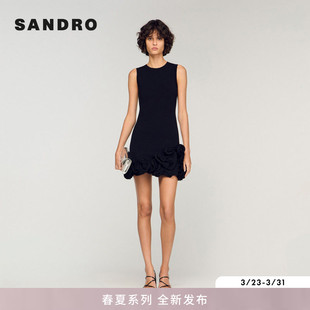 法式 女装 时尚 黑色立体花朵褶皱无袖 连衣裙 SANDRO2026春季 修身 新款