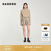 时尚 SANDRO秋冬女装 法式 复古千鸟格金属头稳系带优雅百褶半身短裙