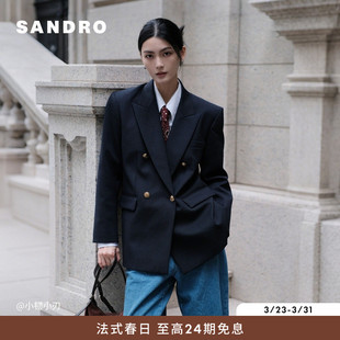 简约戗驳领双排扣深蓝色西装 法式 外套 2025早秋女装 SANDRO博主同款