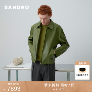 橄榄绿色皮革工装 男装 风翻领皮衣外套 末7折SANDRO2025秋冬新款 季