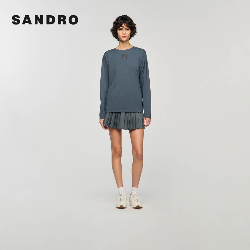 线上专享SANDRO女装男女同款法式简约气质圆领刺绣休闲针织T恤衫