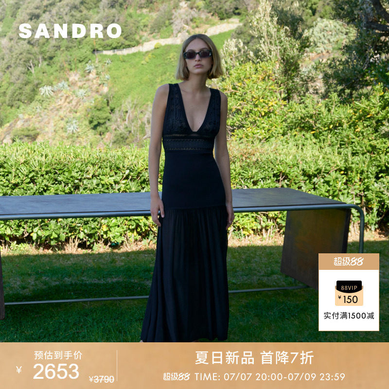 新品首降丨SANDRO2026夏季新款女装法式镂空蕾丝肩带无袖连衣裙