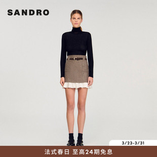 SANDRO2025秋冬女装 简约棕色格纹白色拼接花边裙摆半身短裙 法式