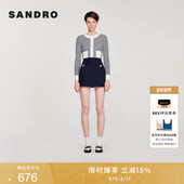 SANDRO秋冬女装 法式 舒适优雅绵羊毛混纺深蓝高腰花呢A字半身短裙