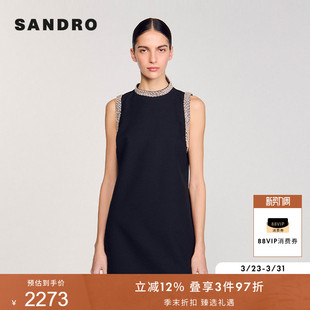 口直筒短款 气质优雅黑色仿钻领口袖 连衣裙 法式 SANDRO2025秋冬女装
