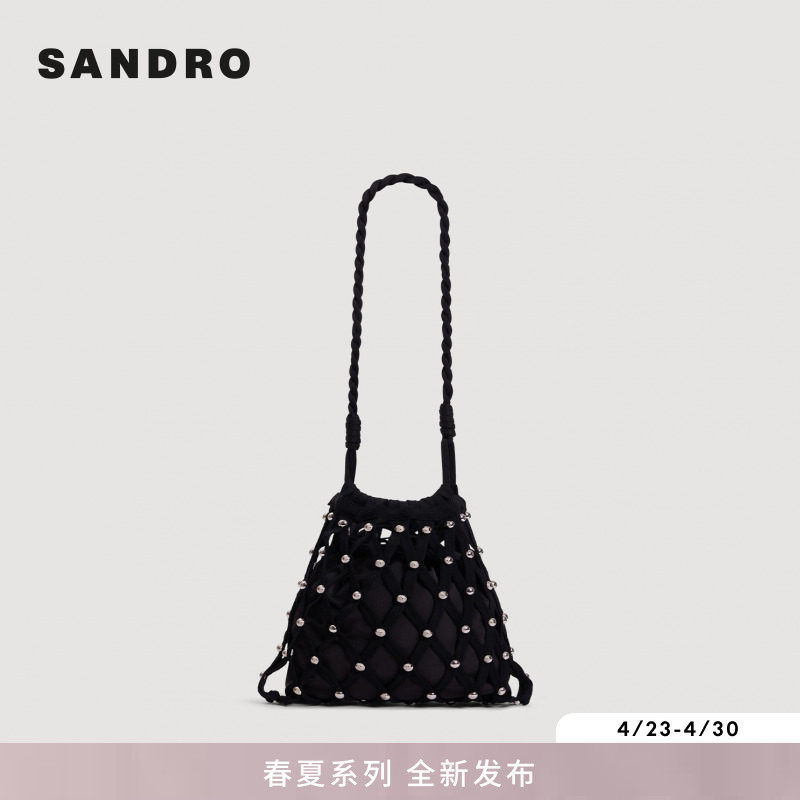 SANDRO2026夏季新款女士法式时尚黑色网眼金属装饰抽绳迷你水桶包