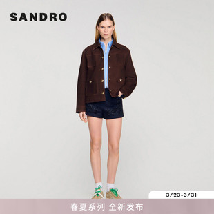 新款 短款 女装 羊皮革翻领多口袋落肩袖 皮夹克 法式 SANDRO2026春季