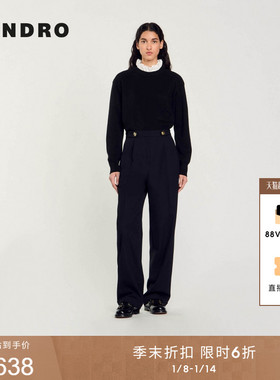 季末6折SANDRO秋冬女装法式黑色压褶金属扣饰高腰直筒裤西装长裤