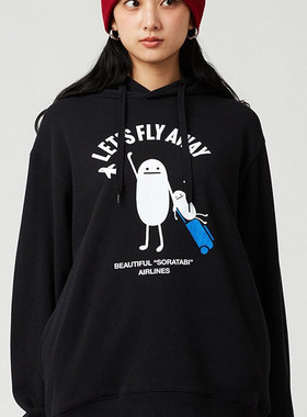 日系小众影子先生fly away套头连帽卫衣女秋冬bf上衣黑色宽松外套