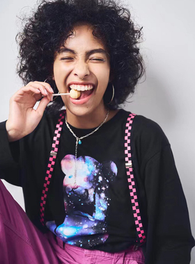 日系小众control bear拔头熊宇宙星空印花图案t恤女黑色长袖纯棉t