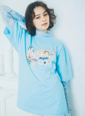 日系小众ANGELIC天使印花蓝色t恤女短袖宽松中长款显瘦夏季大tee