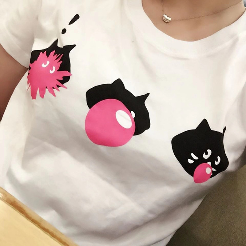 日系nya惊讶猫白体t恤女短袖宽松显瘦重磅纯棉百搭夏tee亲子上衣