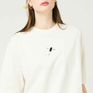 日系小众重工刺绣影子先生卡通重磅纯棉t恤女短袖夏季宽松潮大tee
