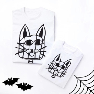 E742日系小众潮流涂鸦图案猫咪短袖 卡通亲子上衣tee T恤女纯棉夏季