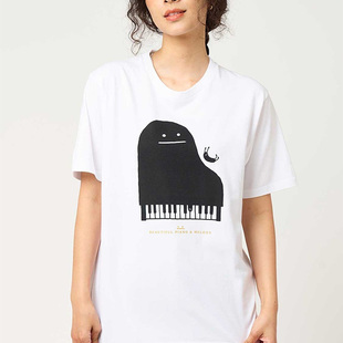 日系小众影子先生钢琴重磅纯棉t恤女短袖夏季圆领中性亲子装上衣