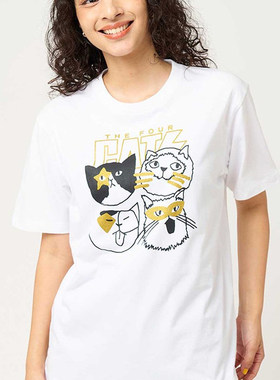 日系小众TFC四猫可爱卡通白色重磅纯棉t恤女短袖夏季圆领休闲上衣