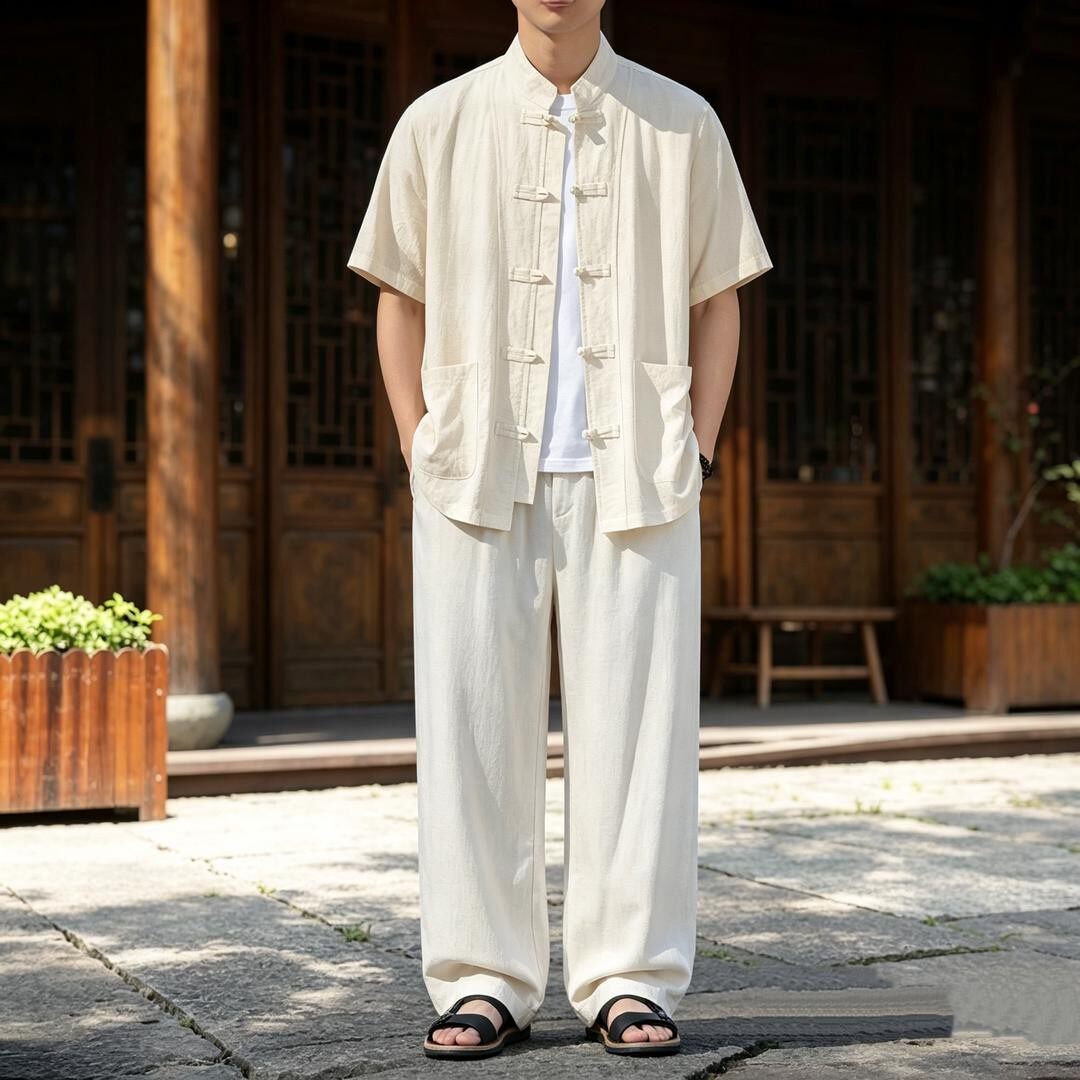 复古夏季中国风透气休闲宽松超大码男士盘扣上衣薄款中式休闲套装