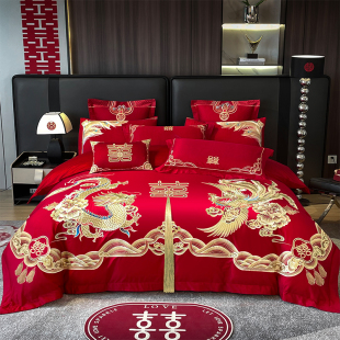 结婚四件套婚庆红色婚房喜被床单刺绣被套被单婚礼大红色床上用品