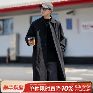 潮 宽松休闲翻领外套中长款 嘿马七作日系复古秋季 简约纯色风衣男士