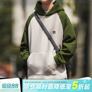 摇粒绒嘿马七作日系复古春秋男士汉堡刺绣撞色插肩袖连帽卫衣潮牌