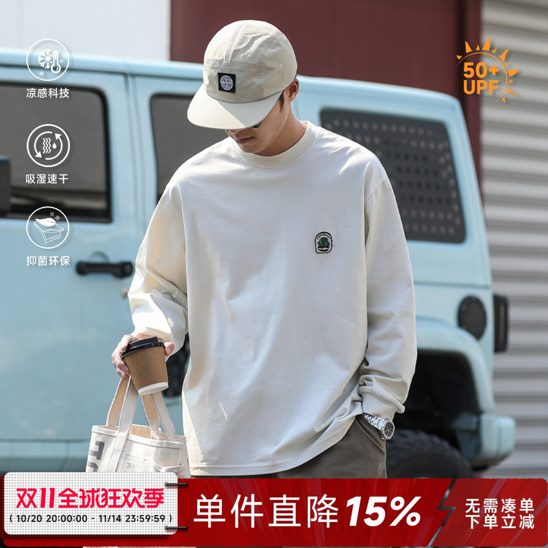 250G美式复古贴标长袖T恤男