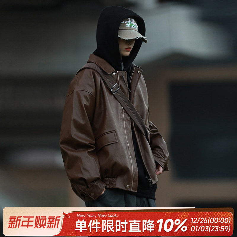 嘿马七作美式翻领皮衣短款外套复古春秋款男女休闲美拉德机车夹克