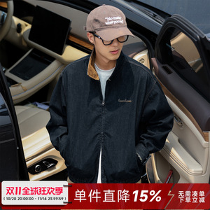 嘿马七作美式复古秋款男士牛仔宽松休闲外套刺绣翻领工装夹克潮牌