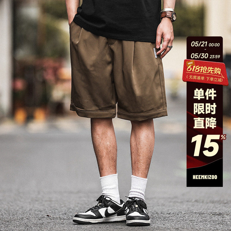 嘿马七作日系复古原创休闲五分直筒短裤男外穿潮夏季薄款运动中裤