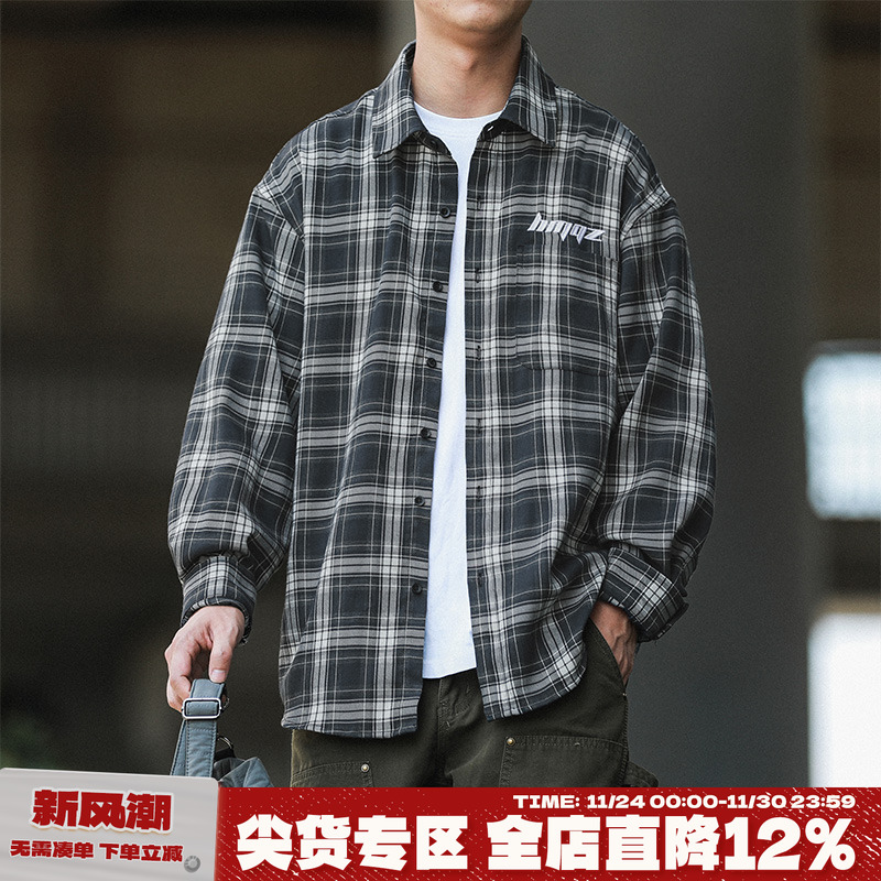 嘿马七作春秋款日系翻领格子衬衫