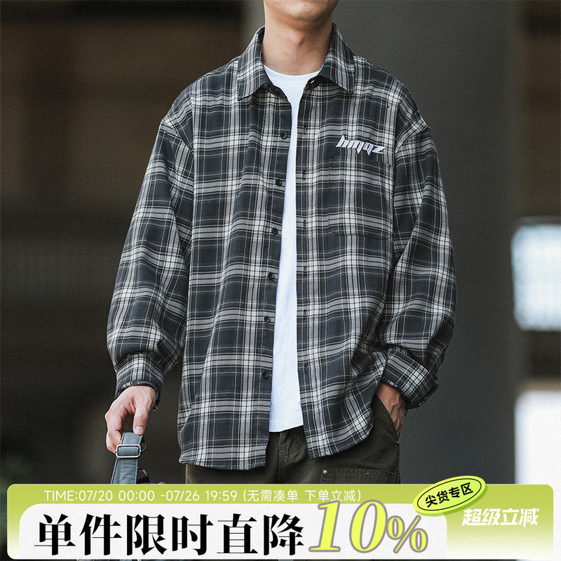 嘿马七作春秋款日系复古刺绣翻领格子衬衫男士长袖休闲衬衣外套潮
