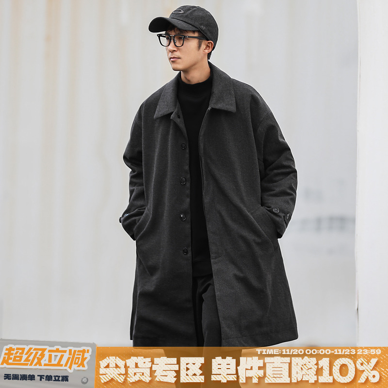 嘿马七作日系复古夹棉风衣人字纹星空呢中长款毛呢大衣男生外套潮