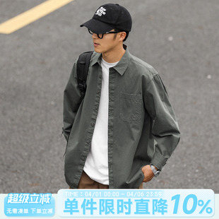 男士 潮牌宽松休闲内搭衬衣 衬衫 嘿马七作日系复古春秋口袋刺绣长袖