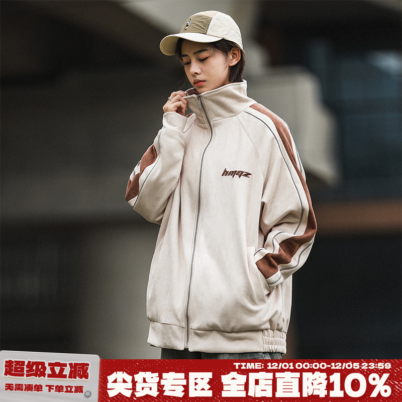 320g重磅夹克立翻领仿麂皮绒拼接