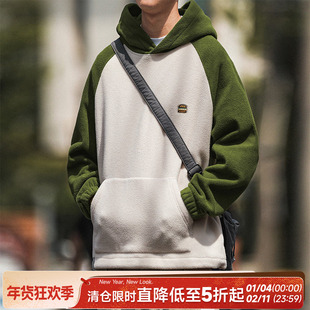 摇粒绒嘿马七作日系复古春秋男士汉堡刺绣撞色插肩袖连帽卫衣潮牌