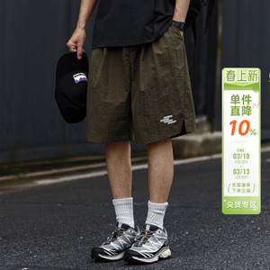 嘿马七作美式复古夏季四杠反光印花男士短裤户外宽松休闲裤子潮牌