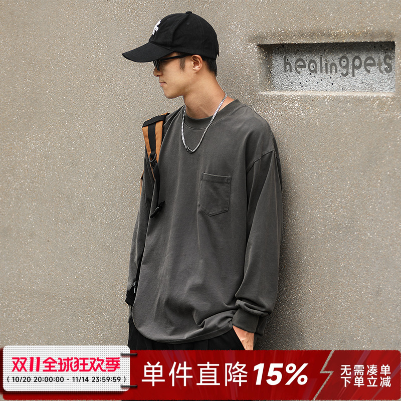 280g嘿马七作做旧水洗长袖T恤