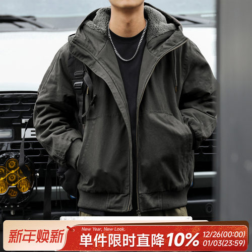 嘿马七作男士做旧夹克外套连帽棉